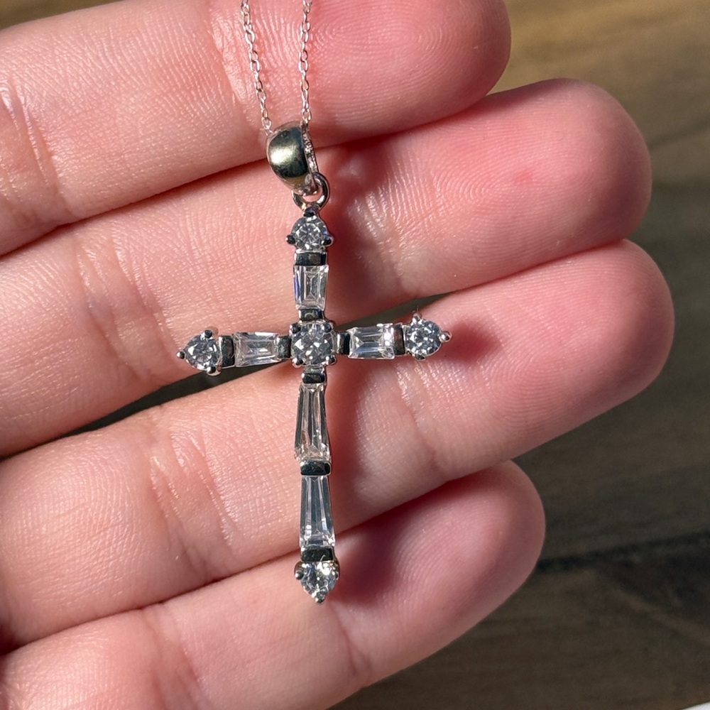 Cross pendant 1.5” CZ 925 On Sterling Silver Chain Women’s Necklace Religious